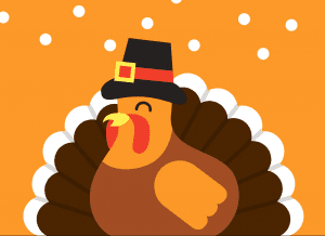 Illustrated turkey wearing a Pilgrim-style hat